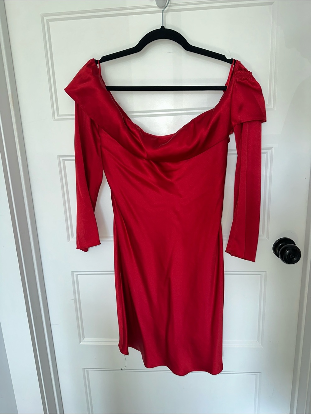 Reformation Red Off-Shoulder Satin Midi Dress